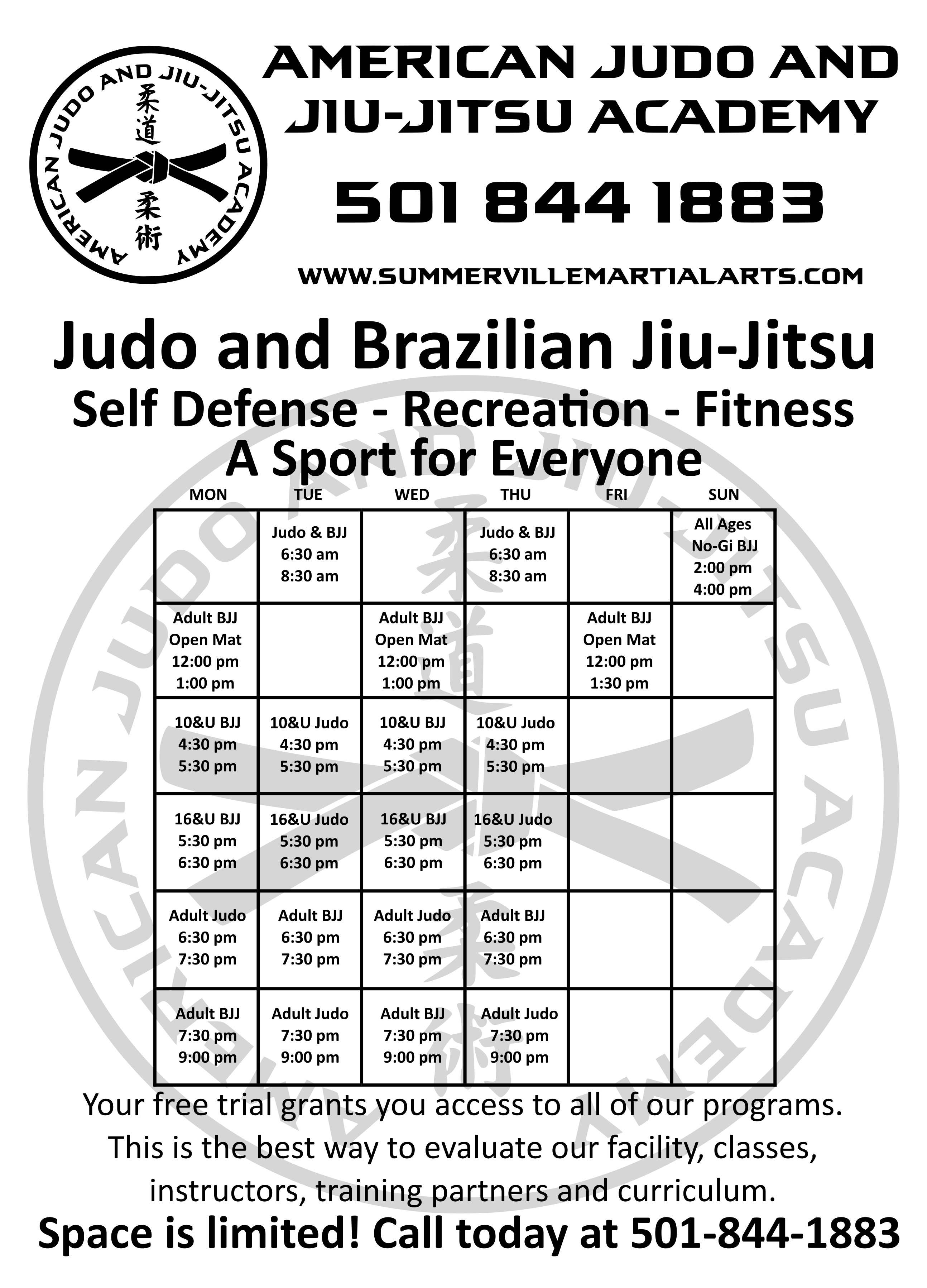 Check out our new time's as we have combined our U6 to U10 class that now starts @ 4:30. We've also add more open mat's during the week.